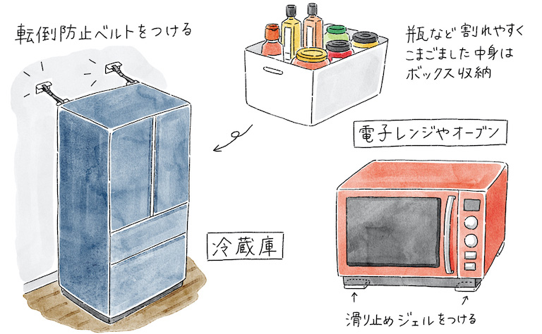 冷蔵庫：転倒防止ベルトをつける・瓶など割れやすくこまごました中身はボックス収納・電子レンジやオーブン：滑り止めジェルをつける