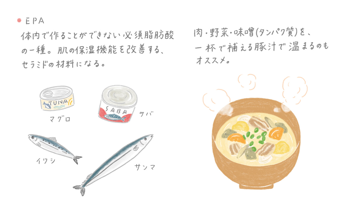 EPA 体内で作ることができない必須脂肪酸の一種。肌の保湿機能を改善する、セラミドの材料になる。肉・野菜・味噌（タンパク質）を、一杯で補える豚汁で温まるのもオススメ。